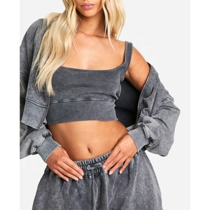 Ensemble 2 pièces personnalisé en molleton de coton pour femme, grande taille, comprenant un sweat à capuche court zippé à épaules tombantes et un pantalon de jogging, effet délavé à l'acide - Product Image 3