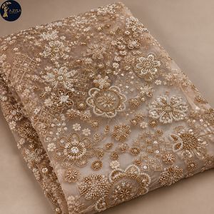 Beaded Floral Mesh Dress <b>Fabric</b> with Gold <b>Embroidery</b> and Pearl Motifs | Ornamental Textile for Bridal Gowns and Eveningwear Net - Product Image 1