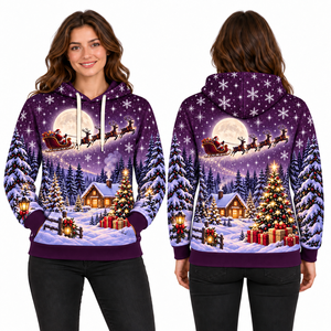 Women's Christmas Santa Print Hooded Fleece Windproof Sweatshirt Full Sleeve Knitted Winter Pullover with Pockets - Product Image 4