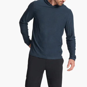 Custom High Quality Men's Dark Blue Long Sleeve Hooded Fishing Shirt Quick Dry UPF 50 Solid Color Pullover <b>Top</b> - Product Image 3