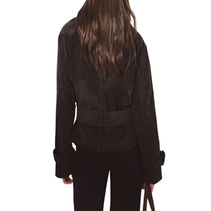 เสื้อโค้ทผู้หญิงแบบยาว ผ้าวูลผสมหนังกลับเทียม พร้อมเข็มขัด สีน้ำตาล สไตล์ลำลอง ผลิตจากโพลีเอสเตอร์รักษ์โลก รับผลิตแบบ OEM ODM - Product Image 4