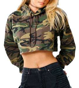 Hoodie court camouflage personnalisé pour femme – Vente en gros de sweats à capuche courts camouflage à manches longues pour femme sur mesure - Product Image 4