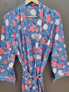 Bata Kimono de Algodón Transpirable con Estampado Floral Azul, Cinturón, Manga Larga, Largo Completo, Informal, para Mujer, Tejido Suave - Product Image 4