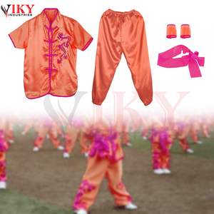 Ensemble uniforme de Kung Fu en satin orange pour enfants et adultes, avec logo personnalisé, vente en gros, manches courtes, broderie de dragon, costume d'arts martiaux Tai Chi - Product Image 5