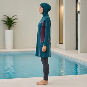 Conjunto de burkini impermeable de dos piezas con logo personalizado, traje de baño musulmán, traje de baño islámico, corte regular, traje de baño modesto para mujer, para nadar en la playa - Product Image 3