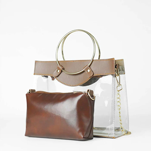 Women's Transparent PVC Tote <b>Bag</b> With Brown Leather Insert Round Handle Chain Strap Modern Style Daily Use - Product Image 2