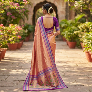 Sari de Seda en Tono Melocotón con Brillo Sutil y Detalles Tejidos Intrincados, Elegante Prenda Étnica para Fiestas y Ocasiones Especiales para Mujer - Product Image 3