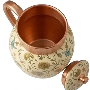 Floral Ceramic Jar With Copper Lid Eco-Friendly Home <b>Decor</b> Storage Container Luxury Ayurvedic Health Pitcher <b>Pastel</b> Printed Coat - Product Image 4