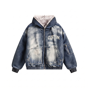 Custom Faux Fur Lined Heavyweight Unisex Acid Wash <b>Denim</b> Jacket Vintage Hooded Bomber Zip <b>Coats</b> Graphic Trendy Streetwear - Product Image 2