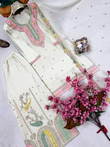 Top de seda Chinon con hermoso bordado de hilo y zari, con pantalón Plazzo y dupatta, completamente cosido y listo para usar. - Product Image 5