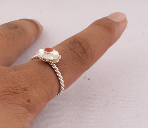 Artisan <b>Crafted</b> Red Coral Silver <b>Ring</b> Delicate Flower Petal Design Twisted Shank Bohemian Jewelry Custom Jewelry Manufactu - Product Image 5
