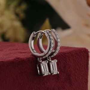 Emerald Cut Diamond Dangle Hoop Earrings Luxury Diamond Earrings for Women Minimalist Diamond Hoop Pendant Earrings For Sale - Product Image 2