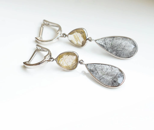 Boucles d'oreilles pendantes en quartz rutilé doré et noir double aura, style tendance en argent 925, super vente, en promotion - Product Image 3