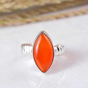 925 Sterling <b>Silver</b> Orange Carnelian <b>Ring</b> Natural Marquise Gemstone <b>Adjustable</b> Geometric Band Handcrafted Matte Finish Boho - Product Image 1