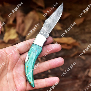Cuchillo de bolsillo plegable de acero de Damasco hecho a mano, mango de madera Pakka, hoja de punta caída, cuchillo de supervivencia, ODM OEM, personalizable, con funda de cuero - Product Image 3
