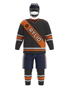 Pantalones de hockey sobre hielo en color verde azulado y azul marino, combinados con una chaqueta deportiva de hockey sobre hielo, además de una sudadera con capucha de hockey sobre hielo y un gorro de hockey de fieltro blanco. - Product Image 3