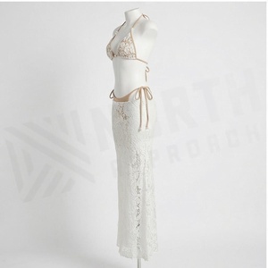 <b>White</b> <b>Lace</b> Halter Bikini Set With Floral Pattern Skirt And Adjustable Straps For Women - Product Image 4