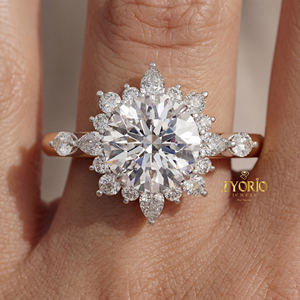Bague de fiançailles de luxe en or 14K 18K avec halo floral de diamants ronds cultivés en laboratoire, certifiée IGI, bijoux de mariée pour femmes - Product Image 4