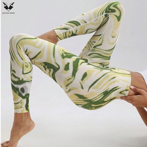 High Waist Full Length Yoga Leggings With Green Yellow <b>Marbled</b> Sublimation Transfer Four-Way Stretch Spandex Polyester Pants - Product Image 5