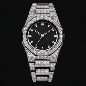 Montre octogonale argentée avec cadran noir, lunette en cristal, montre de luxe moderne et élégante, cadeau éclatant pour homme - Product Image 1