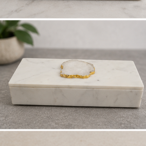 Plateau de rangement rectangulaire en marbre blanc avec incrustation d'agate à bords dorés, boîte décorative moderne pour table de salon - Product Image 6