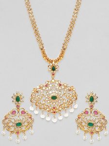 Conjunto de Collar Largo, Pendientes y Diadema de Aleación Chapada en Oro Indio con Diseño de Flor de Perlas de Imitación y Circones, Joyería de Boda para Mujer - Product Image 2