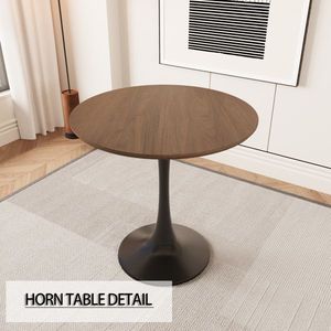 31.5\" Walnut Color MDF Round Dining Table 2 Black Metal Leg Tulip Design 2 Artificial Leather Decorative Chairs-Dining Room Set - Product Image 6