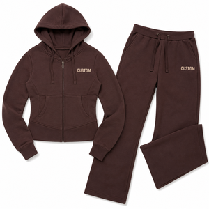 Conjunto Deportivo Coordinado para Mujer en Color Marrón Chocolate, Sudadera con Cierre y Pantalones Deportivos Acampanados, Proveedor de Ropa Deportiva Personalizada OEM - Product Image 3