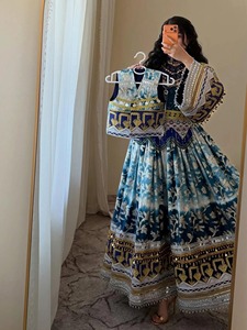 Robe longue ethnique indienne pakistanaise pour femmes, col en V, manches longues, broderie florale, coton, coupe ample, pour mariage, Eid - Product Image 2