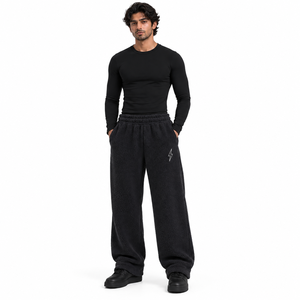 Pantalon de jogging décontracté noir pour homme, coupe large, en molleton, taille élastique, style streetwear, avec logo éclair - Product Image 1