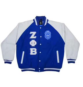 เสื้อแจ็คเก็ตวาร์ซิตี้ผู้ชาย Zeta Phi Beta สีน้ำเงินขาว พิมพ์ลายตัวอักษร ซับในผ้าซาติน สไตล์พรีปปี้ ปกคอพับ ทรงปกติ - Product Image 2