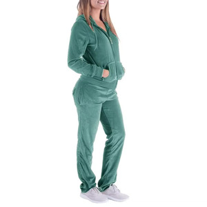 Women Green <b>Velour</b> Eco-friendly Lightweight <b>Tracksuit</b> Full Zip Hooded Casual Sweatshirt Pants Set Solid Color Side Pockets - Product Image 5