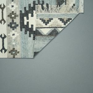 Alfombra Kilim de Lana Hecha a Mano, Azul Gris Marfil Abstracto |   Alfombra Ecológica de Tejido Plano para Sala de Estar y Hotel - Product Image 6