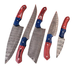 custom Handmade Damascus Steel BBQ Chef <b>Knife</b> <b>Set</b> 5 - piece With Wood Handle Cooking <b>Knife</b> <b>Set</b> with leather sheath - Product Image 1