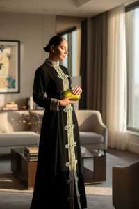 Vestido de noche formal de tafetán negro para mujer con bordado de cuentas, cuello en V, manga larga, largo hasta el suelo, estilo modesto, corte en A, con chaqueta - Product Image 5