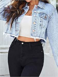 Veste en jean pour femme, hiver, unie, avec logo, respirante, tricotée, à ourlet brut, manches longues, boutonnée, avec poches, coupe classique - Product Image 6