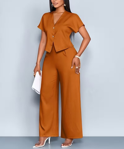 Women's Customized Color 2-Piece Set Short Sleeve V-Neck Blazer Top Wide Leg Pants Solid Color Micro Elasticity Spring/Summer - Product Image 3