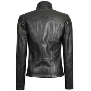 Custom Slim Fit Women’s Black Genuine Lambskin Leather Cafe Racer <b>Jacket</b> Vintage Biker Style Moto Coat with Stand Collar - Product Image 2