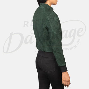 Bliss Custom Logo Branding Genuine Suede <b>Leather</b> Bomber <b>Jacket</b> for Women's Green Ribbed Green Suede Warm Winter <b>Leather</b> <b>Jackets</b> - Product Image 5