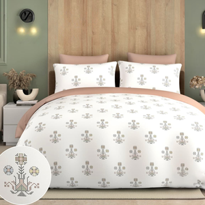 Cotton Bedsheet Set Super King 120x120* |White Gold Botanical Print Premium Soft <b>Bed</b> Linen with 2 Pillowcases Breathable Fabric - Product Image 1