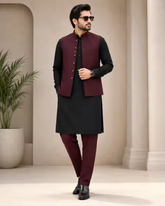Ensemble Kurta en coton pour homme avec gilet marron, Kurta noire et pantalon assorti, tenue décontractée traditionnelle indienne et pakistanaise - Product Image 2