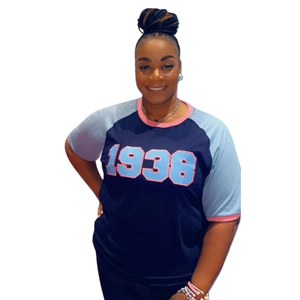 เสื้อยืดสีน้ำเงินกรมท่า สีฟ้าอ่อน ปี 1938 ปักลายโมโนแกรม แขนสั้น สวมใส่สบายในฤดูร้อน ผ้าฝ้าย 100% ระบายอากาศได้ดี เป็นมิตรกับสิ่งแวดล้อม สำหรับผู้หญิง - Product Image 2