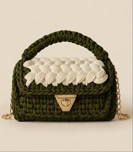 Beautiful Olive Green and Cream <b>Braided</b> Handmade Purse Pearl Two Straps Purse Boho Shoulder Bag Cotton <b>Cord</b> Weaving - Product Image 1