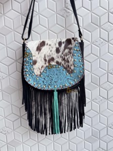 Sac à bandoulière en cuir de style occidental pour femmes, frange en fourrure de vachette de couleur turquoise, sac à main bohème multi-usage, lettre - Product Image 1