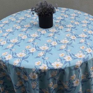 Floral Printed 10 Seater <b>Round</b> 275 cms <b>Tablecloth</b> Light Blue <b>White</b> Flowers Classic Style Woven Washable Machine Wash Wedding Use - Product Image 5