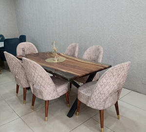 Juego de Comedor de Lujo Ecológico de 6 Plazas con Diseño Zen Asiático, Mesa de Mármol y Madera con Sillas de Comedor de Terciopelo para Sala de Estar - Product Image 4