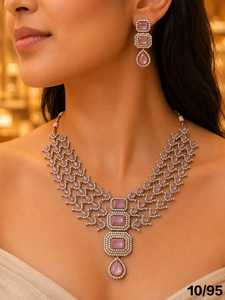 ชุดสร้อยคอพร้อมต่างหูประดับเพชร CZ สีชมพูพาสเทลและสีเขียว ชุบเงิน ดีไซน์เนอร์ สำหรับเจ้าสาว งานแต่งงาน และงานปาร์ตี้ ชุดเครื่องประดับแฟชั่นสำหรับผู้หญิง - Product Image 4