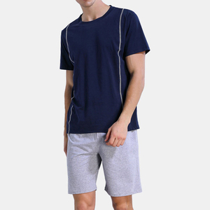 Men's Navy Blue Crew Neck T-Shirt With Gray Shorts <b>Set</b> Casual Summer Wear Breathable <b>Knitted</b> Fabric Solid Color Design - Product Image 4