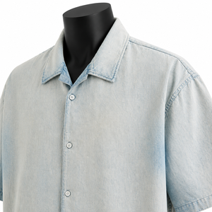 Camisa de Mezclilla de Manga Corta para Hombre, Lavado Claro, Talla Grande, 100% Algodón Orgánico, Secado Rápido, Ecológica, OEM, ODM, Marca Privada - Product Image 5