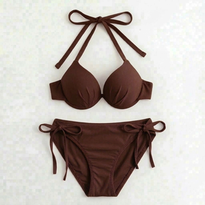 Traje de Baño de Dos Piezas para Mujer, Bikini Sexy de Color Sólido Premium, Top Triangular con Cuello Halter y Braguita de Cintura Baja - Product Image 2